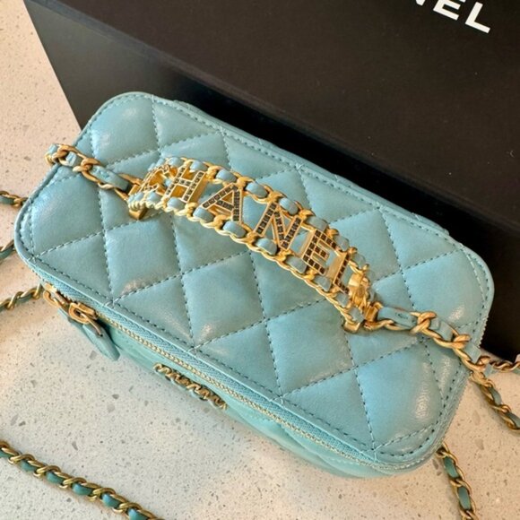 Chanel Logo Studded Top Handle Vanity Case/Bag Tiffany Blue - Picture 5 of 9